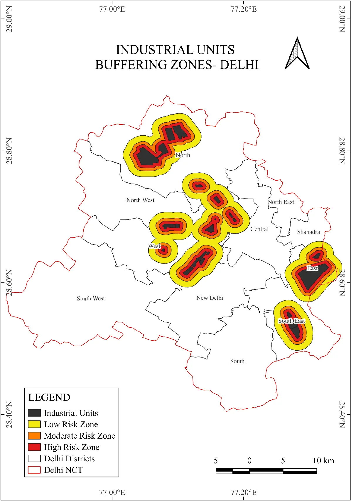 Map of Delhi NCT districts with industrial units ringed by risk buffers