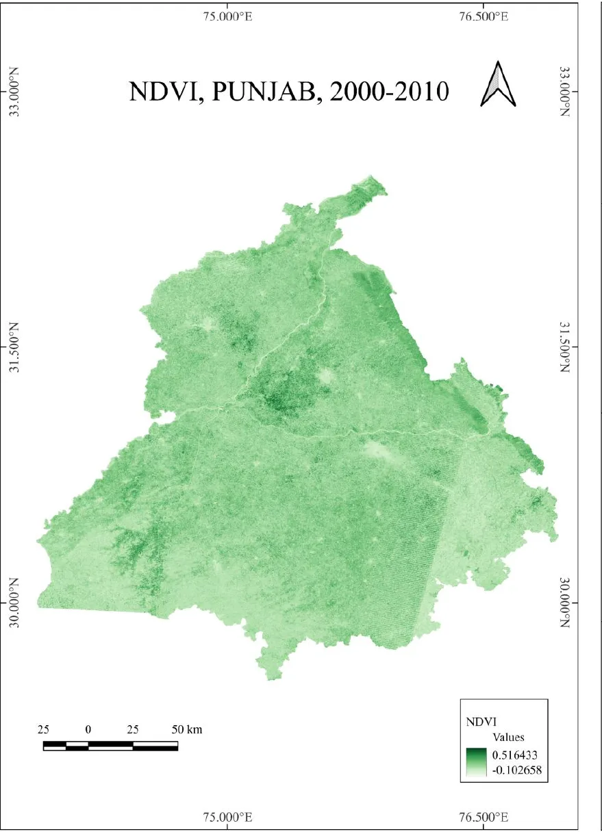 NDVI map of Punjab for 2000 to 2010, shaded in greens