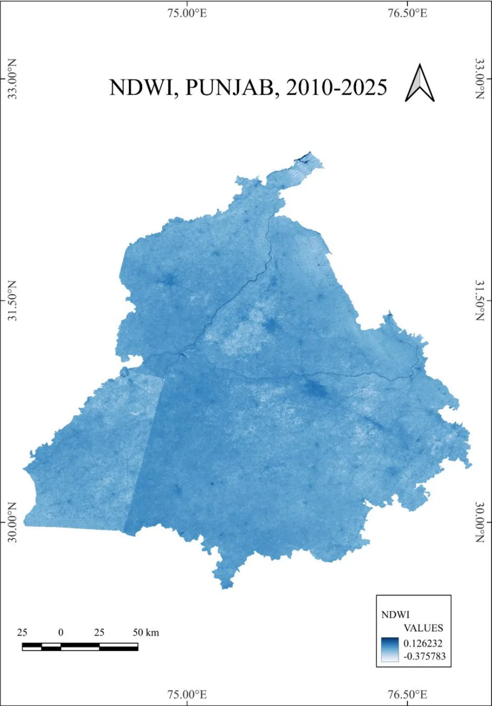 NDWI map of Punjab for 2010 to 2025, shaded in blues